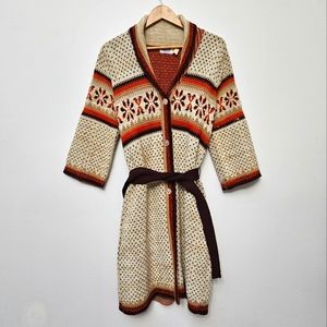 Vintage Boho 60's 70's Fall Color Aztec Button Front Belted Cozy Long Sweater